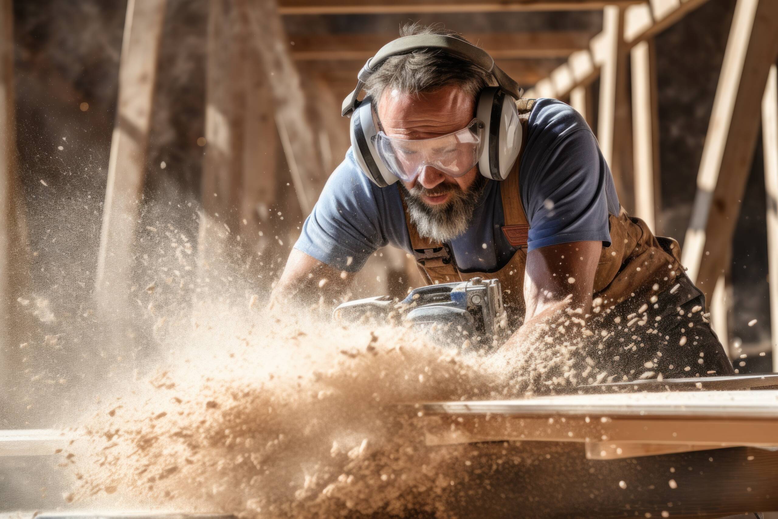 Carpenter blowing sawdust from wooden plank